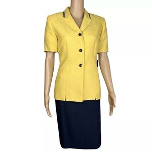 LE SUIT 2PC Yellow Black Polyester Lined Short Sleeves Skirt Suit